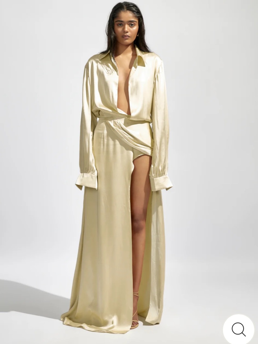 Deme by Gabriella Isabella Champagne Satin Long Shirt Dress with High Slit large